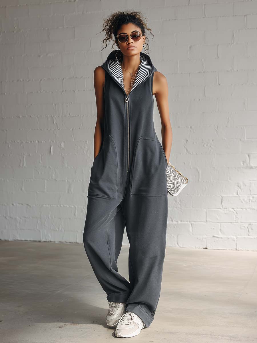 Prime | Sporty Hooded Sleeveless Front-zip Jumpsuit