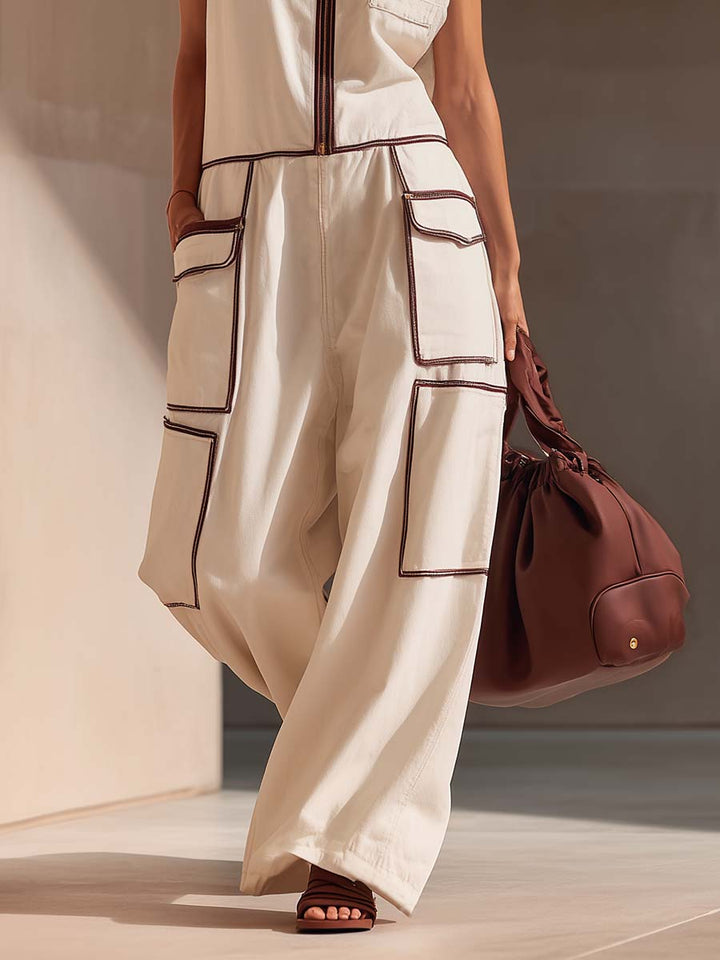 Refine | Urban Front-zip With Brown Trim Jumpsuit