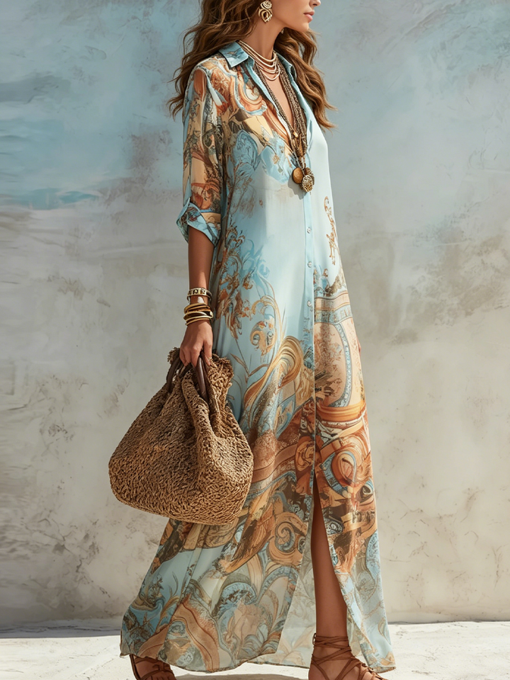 Azure Grace™ Printed Midi Shirt Dress