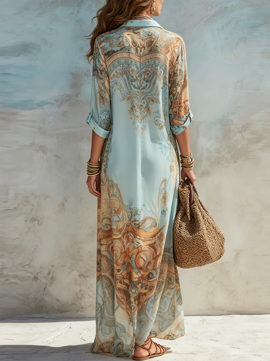 Azure Grace™ Printed Midi Shirt Dress