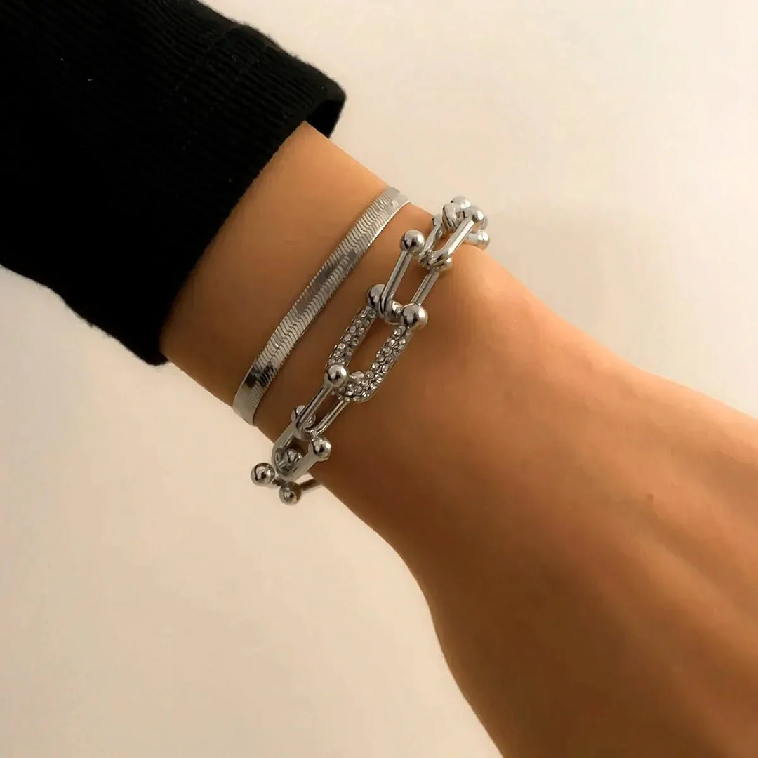2-Piece Lock Chain &amp; Herringbone Bracelet Set