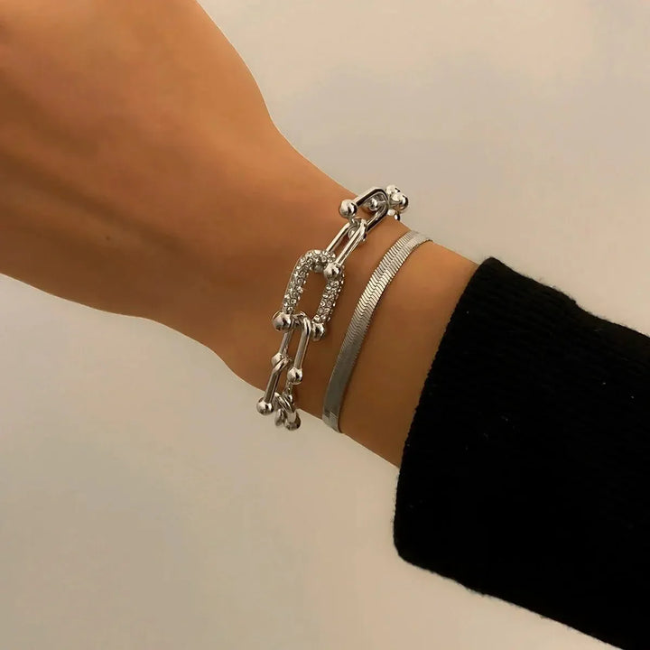2-Piece Lock Chain &amp; Herringbone Bracelet Set
