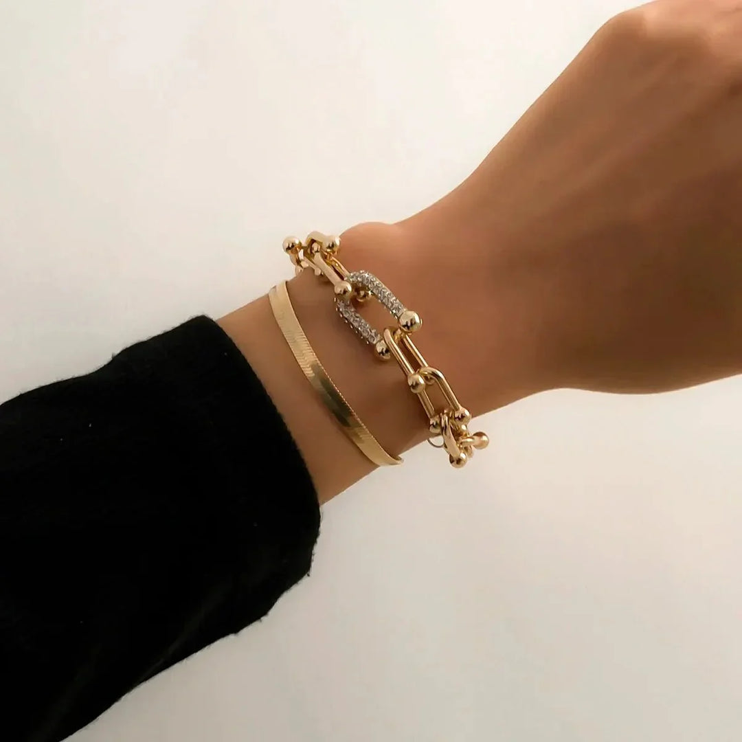 2-Piece Lock Chain &amp; Herringbone Bracelet Set