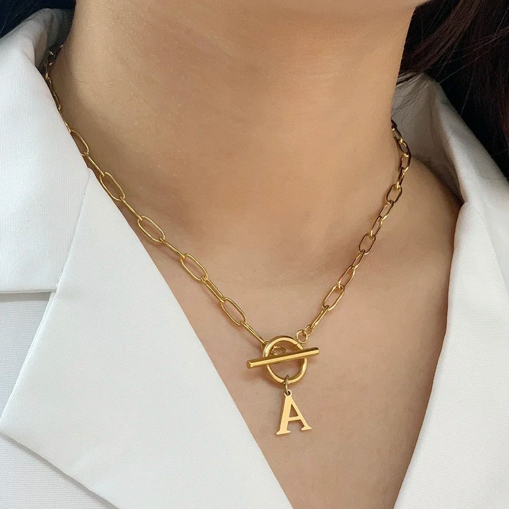 Initial Circle Lock Paperclip Necklace