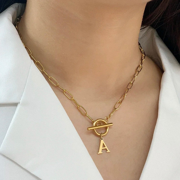 Initial Circle Lock Paperclip Necklace