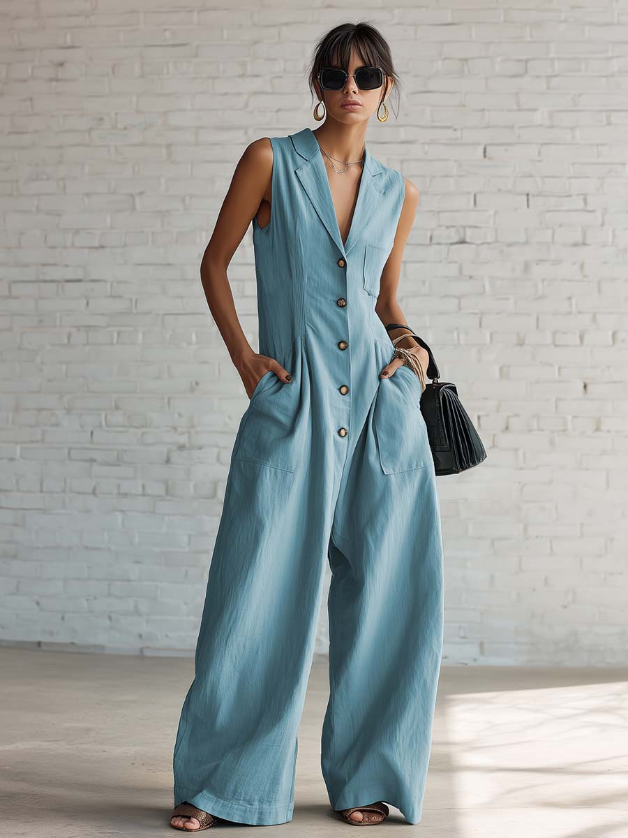 Studio | Notched Lapel V-neck Front-button Jumpsuit