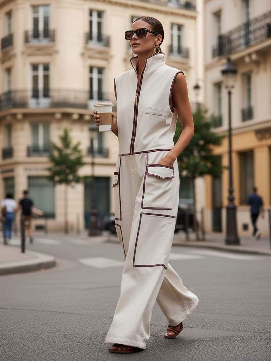 Refine | Urban Front-zip With Brown Trim Jumpsuit