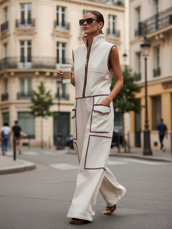 Refine | Urban Front-zip With Brown Trim Jumpsuit