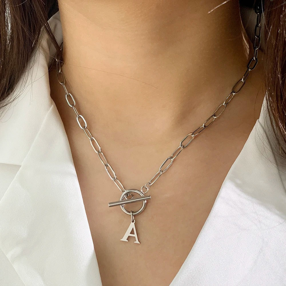 Initial Circle Lock Paperclip Necklace
