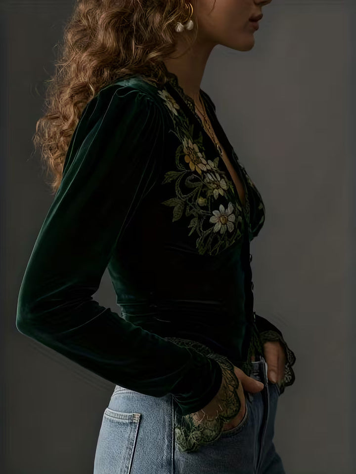 Elina | Velvet Flower Embroidery Blouse