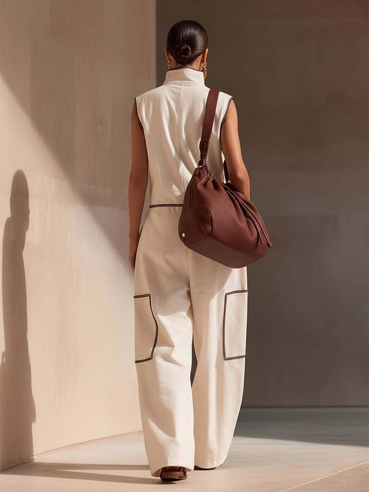 Refine | Urban Front-zip With Brown Trim Jumpsuit
