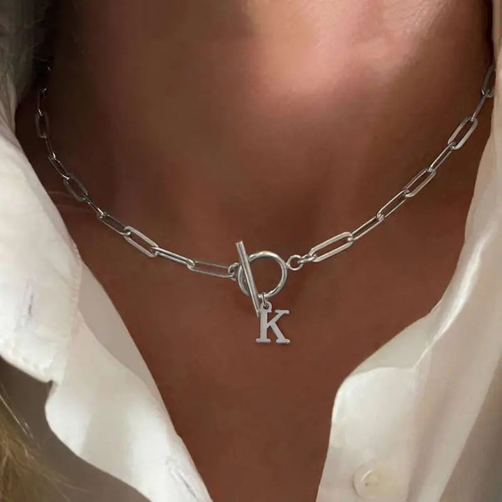 Initial Circle Lock Paperclip Necklace