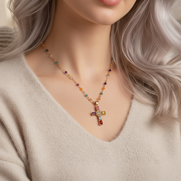 Colorful Gemstone Cross Pendant