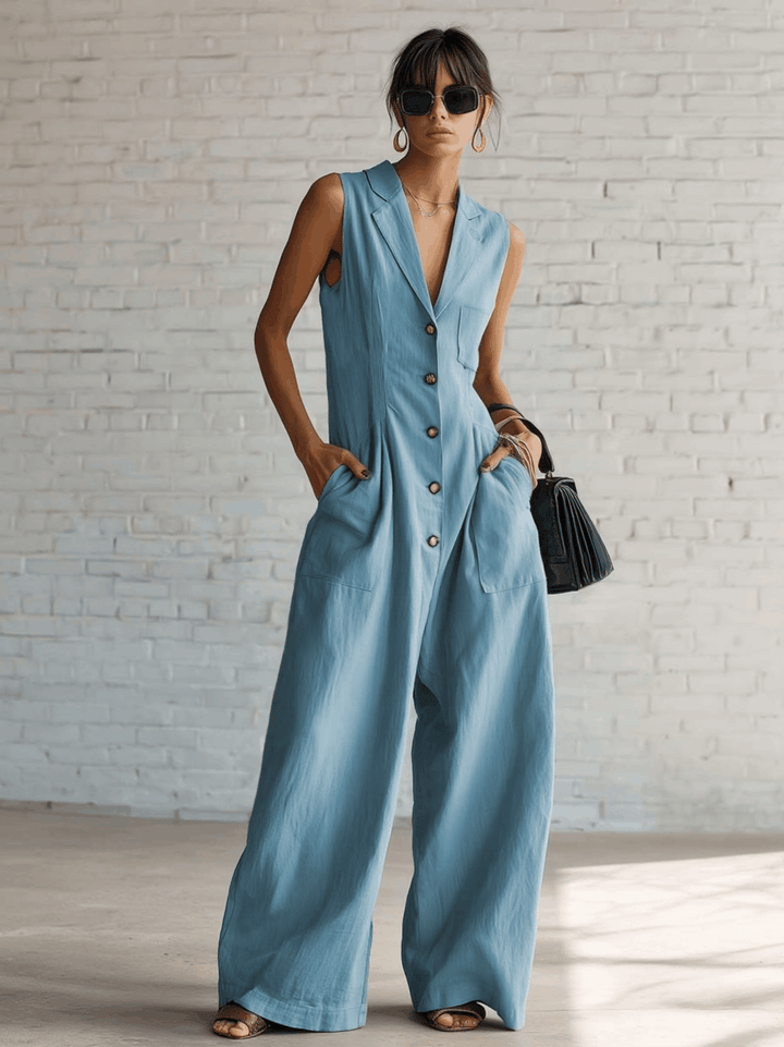 Studio | Notched Lapel V-neck Front-button Jumpsuit