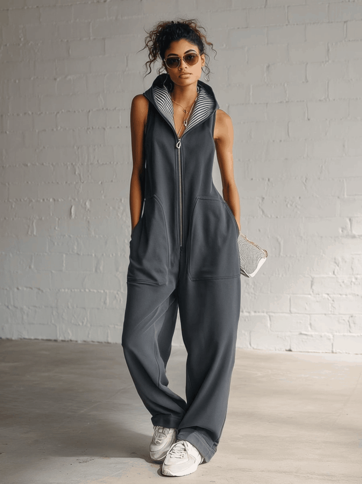 Prime | Sporty Hooded Sleeveless Front-zip Jumpsuit