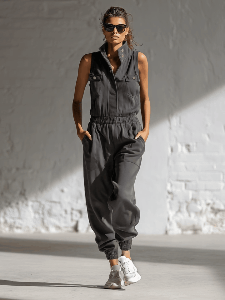 Classic | Loose-fitting Sleeveless Stand-collar Front-buttoned Jumpsuit