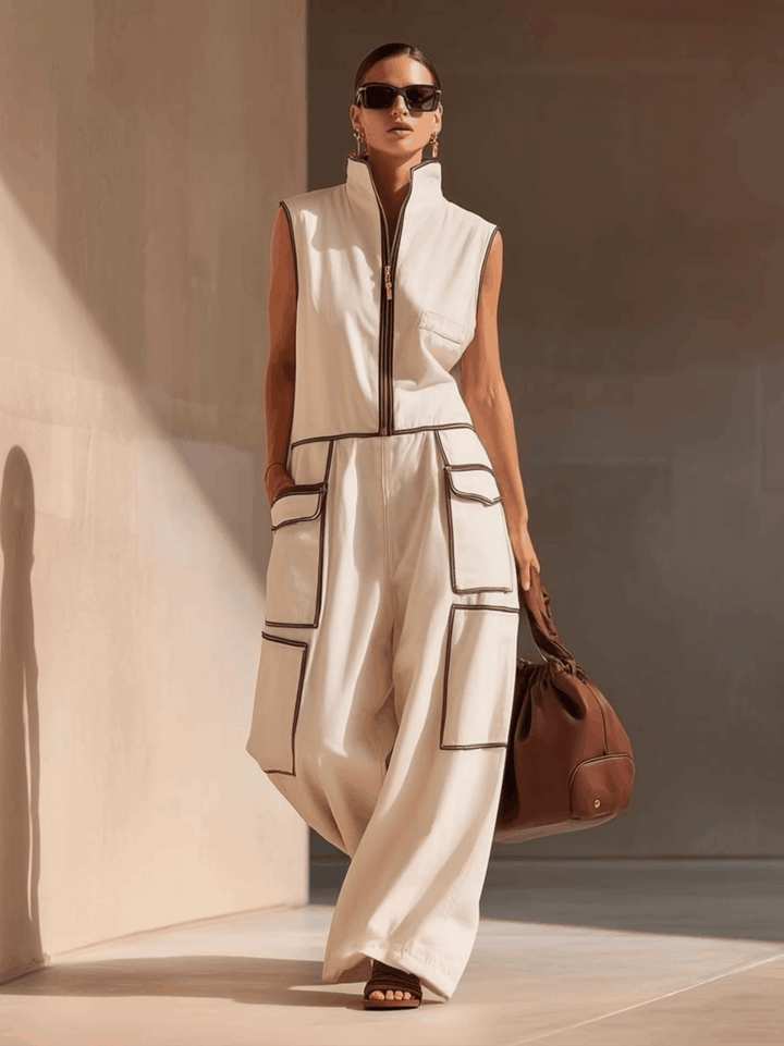 Refine | Urban Front-zip With Brown Trim Jumpsuit