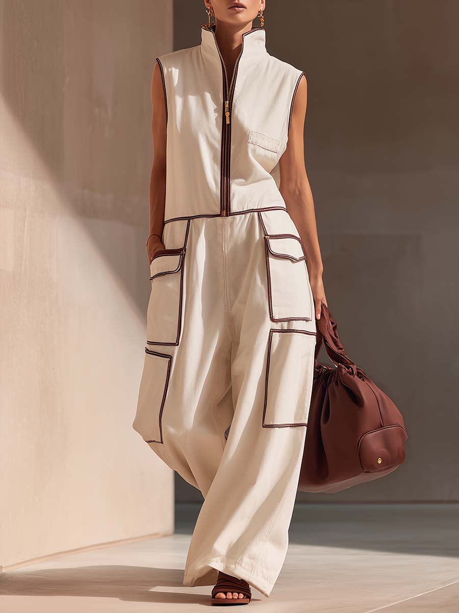 Refine | Urban Front-zip With Brown Trim Jumpsuit