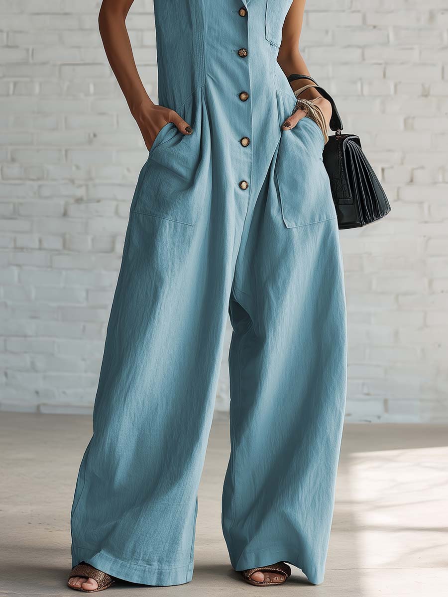 Studio | Notched Lapel V-neck Front-button Jumpsuit