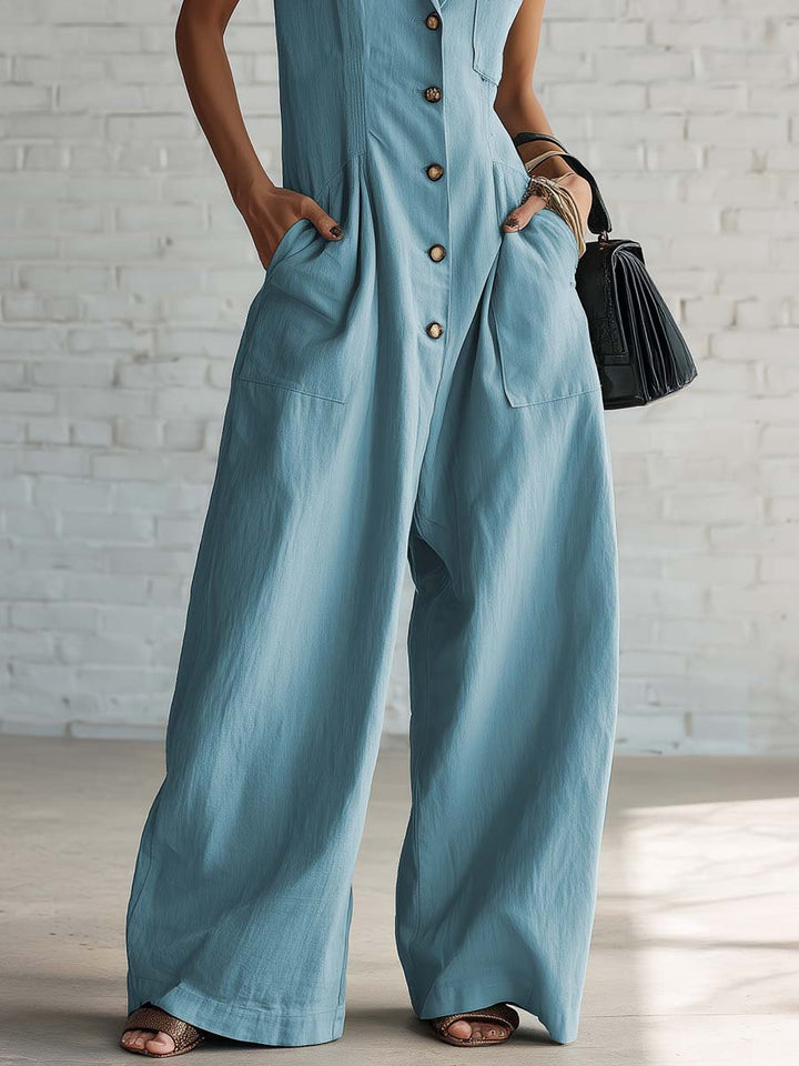 Studio | Notched Lapel V-neck Front-button Jumpsuit