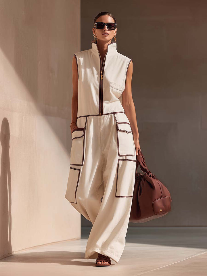 Refine | Urban Front-zip With Brown Trim Jumpsuit