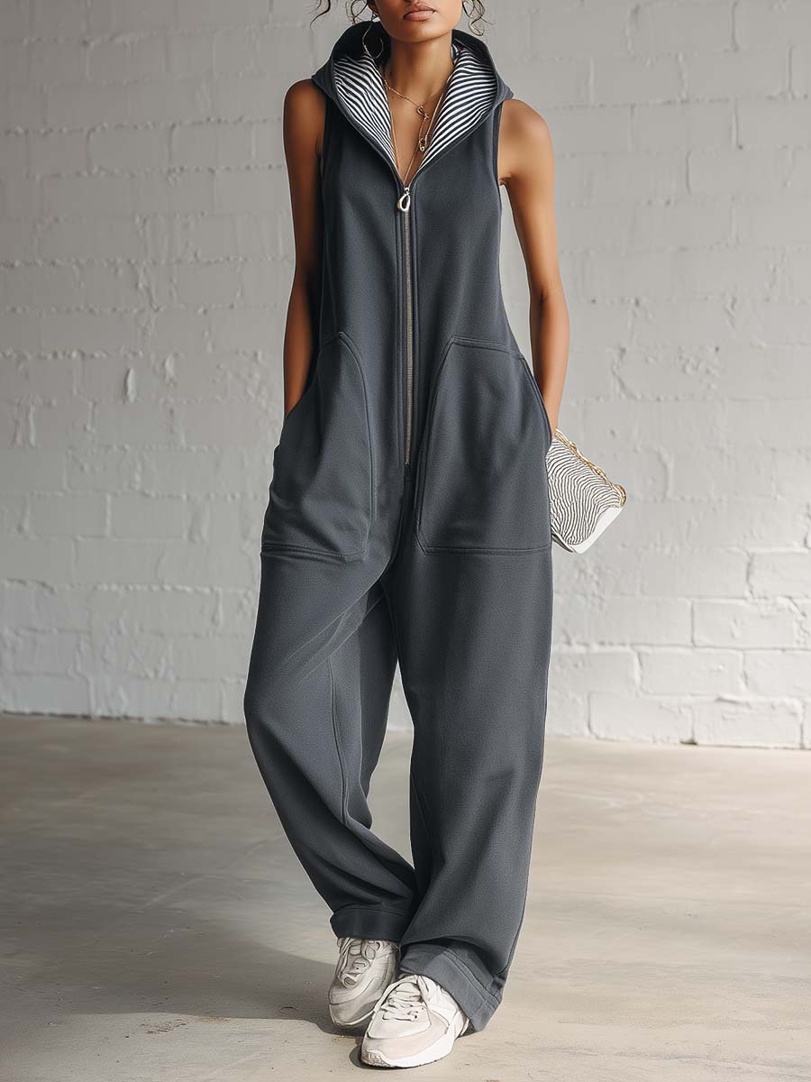 Prime | Sporty Hooded Sleeveless Front-zip Jumpsuit