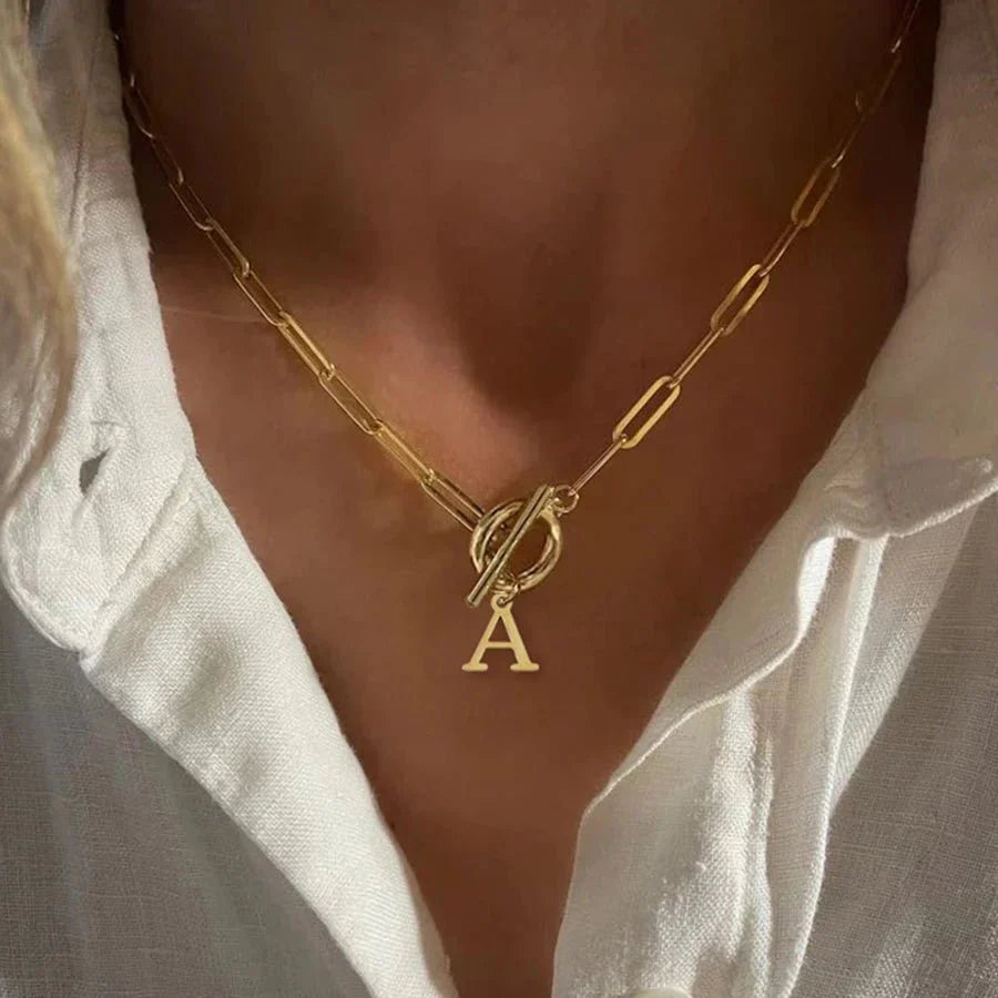 Initial Circle Lock Paperclip Necklace
